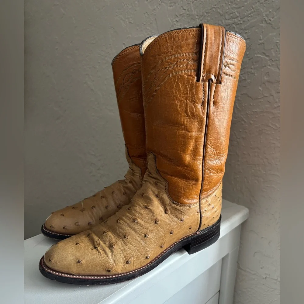 Justin Full Quill Ostrich Two Tone leather Western Cowboy Boots pull on size 4.5
